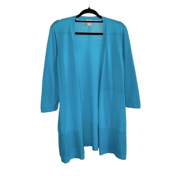 Chico's Stitch-Detail Open Front Mid-Length Cardigan Sweater Women's L Turquoise - Picture 1 of 9